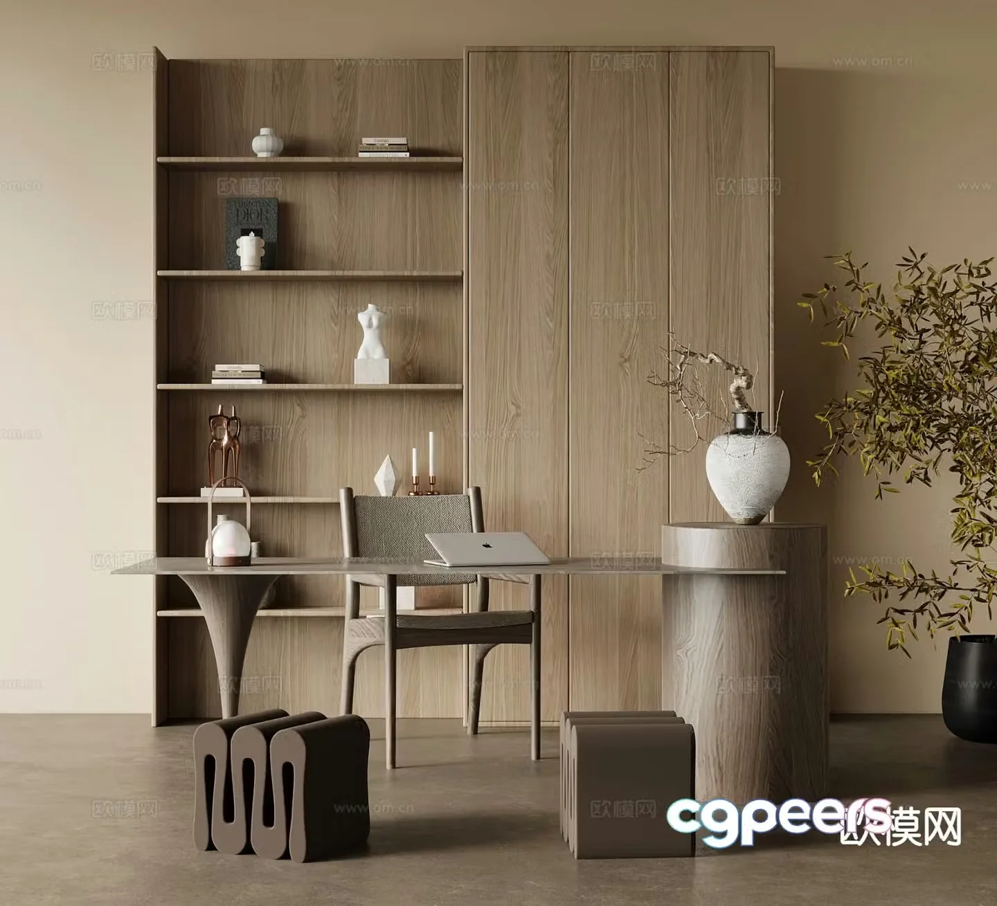 Wabi-sabi style tea cabinet tea table and chair 3d model
