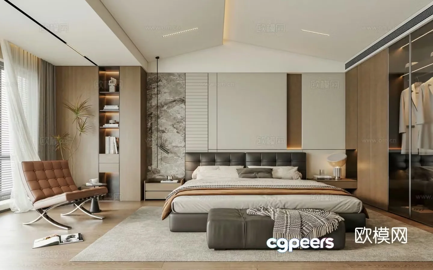 Italian light luxury home bedroom master bedroom without master lights leather double bed bedside background wall 3D model
