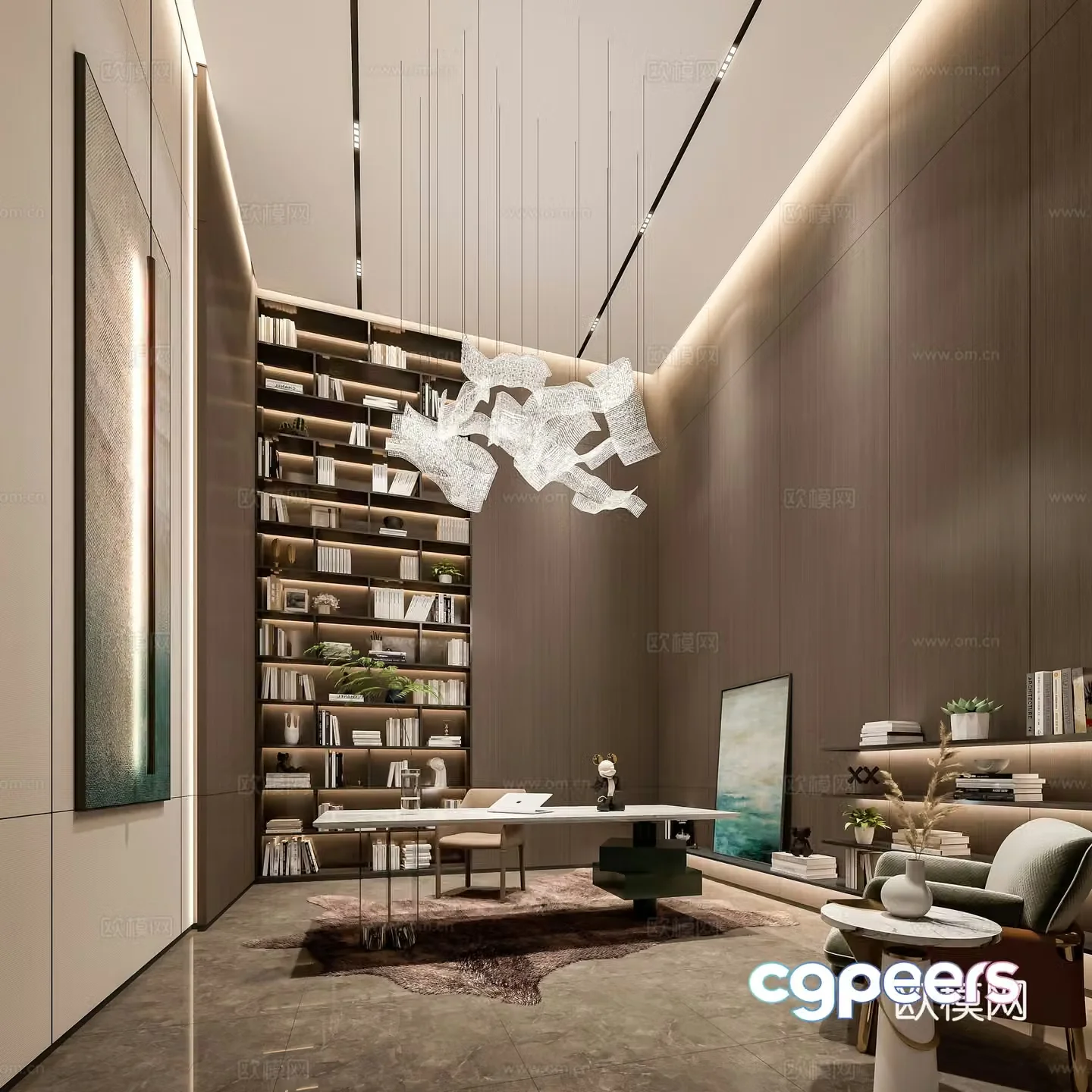 Modern study chandeliers desks and chairs 3D model of hanging paintings