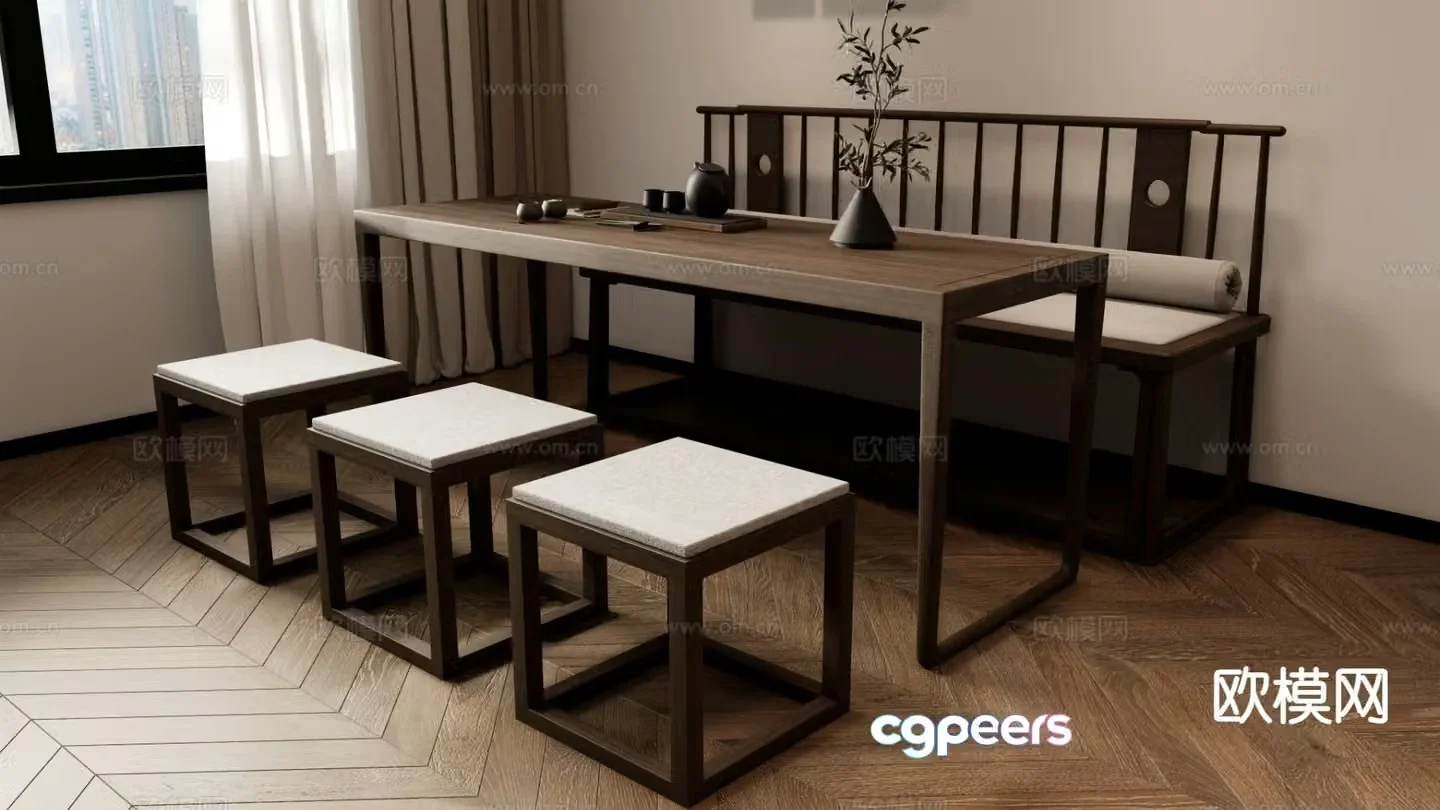 New Chinese Zen dining table and chairs 3D model