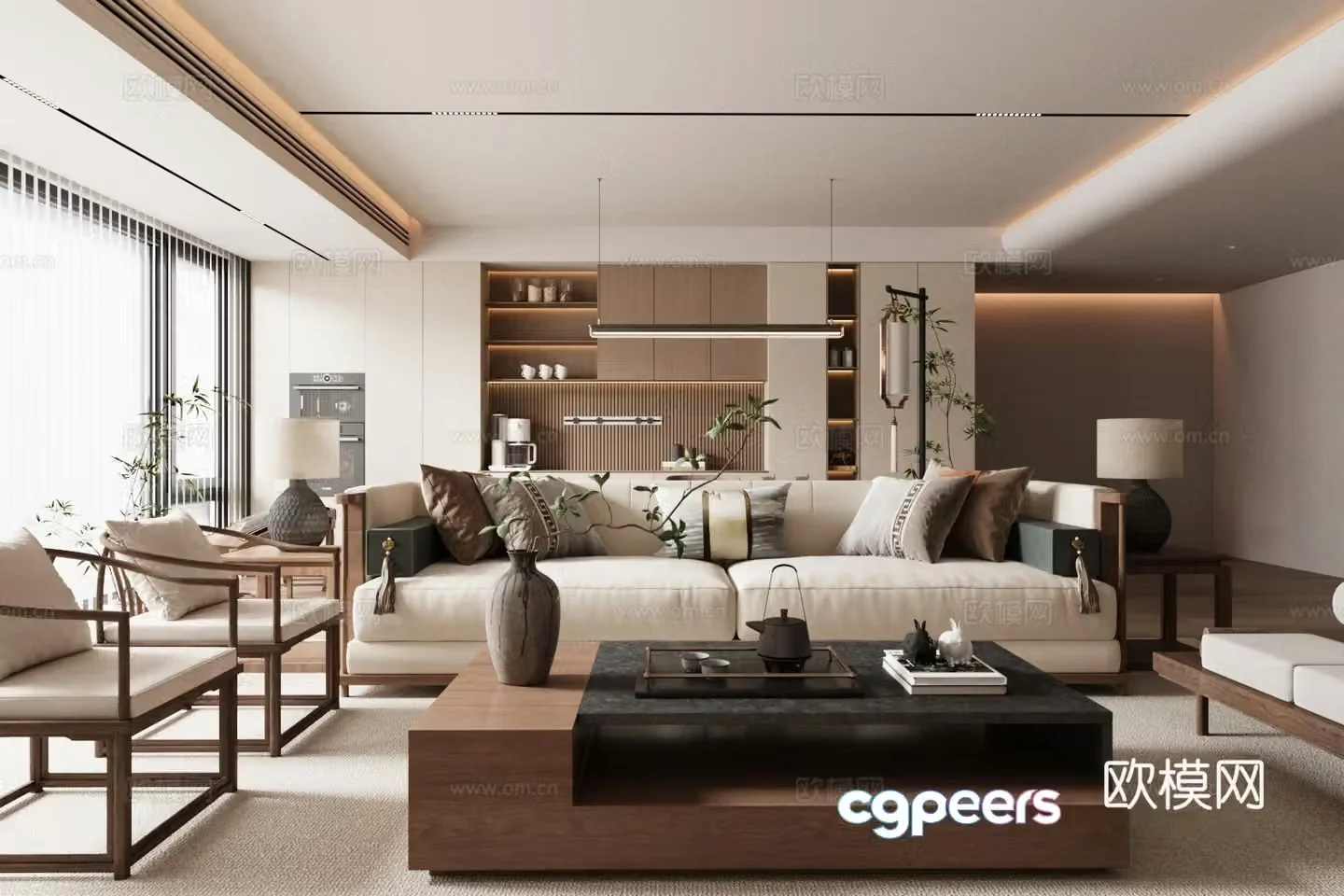 New Chinese-style home living room horizontal living room design sofa coffee table combination living room without owner light 3D model