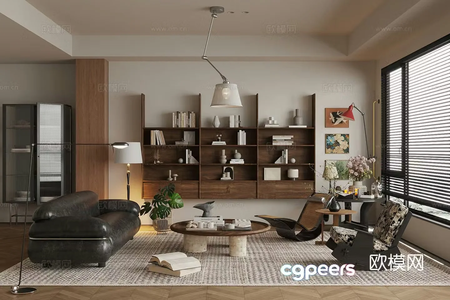 Medium-old home living room small living room sofa and coffee table combination solid wood bookcase 3D model