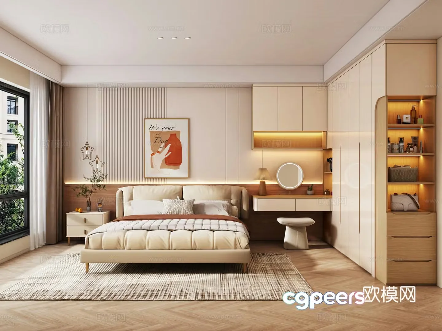 Modern bedroom double bed hanging painting custom wardrobe dressing table mirror carpet nightstand 3d model