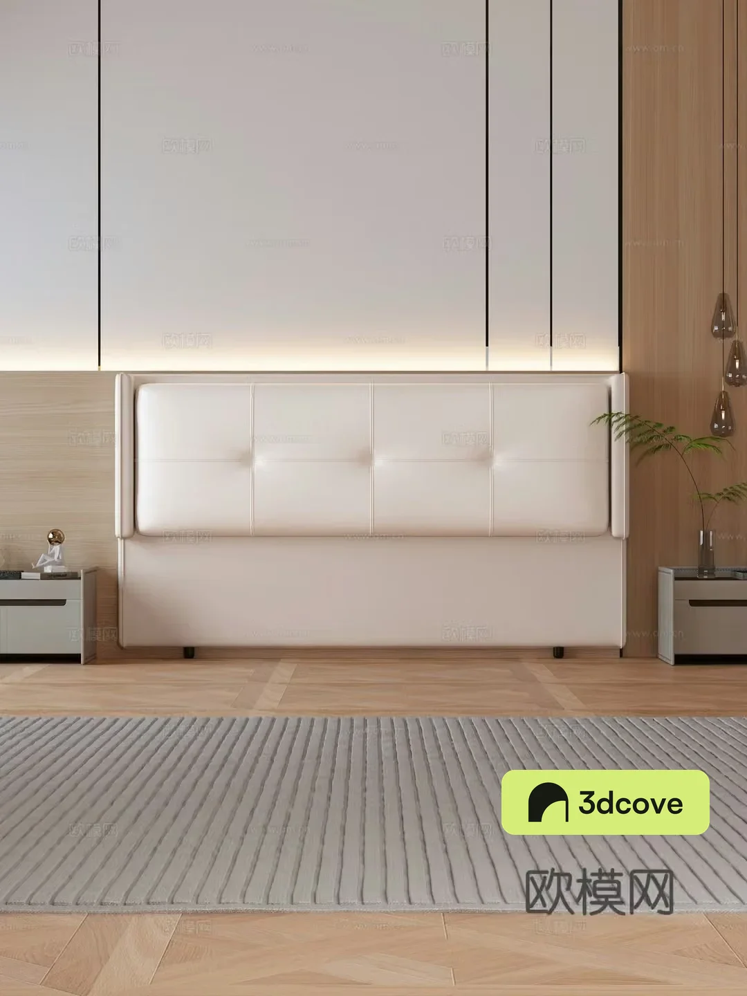Soft bag bedside scalp bedside table background wall carpet wooden floor green plant chandeliers wall panel bedroom