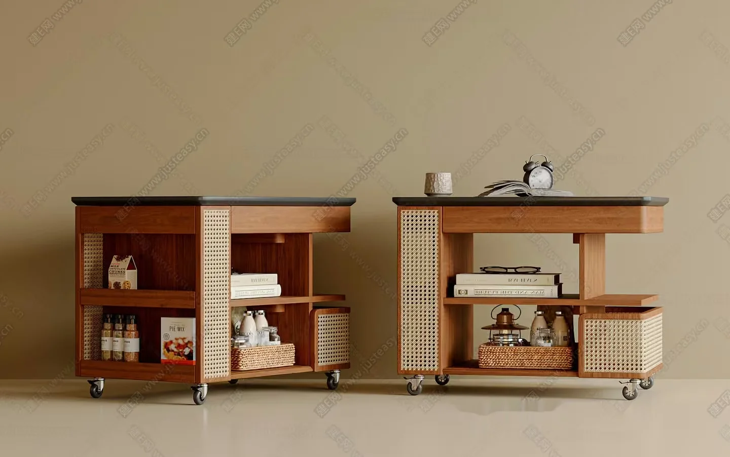 Two Wooden Carts With Wheels Featuring Open Shelves And Wicker Baskets 3D Model – 13936 – VRAY Render