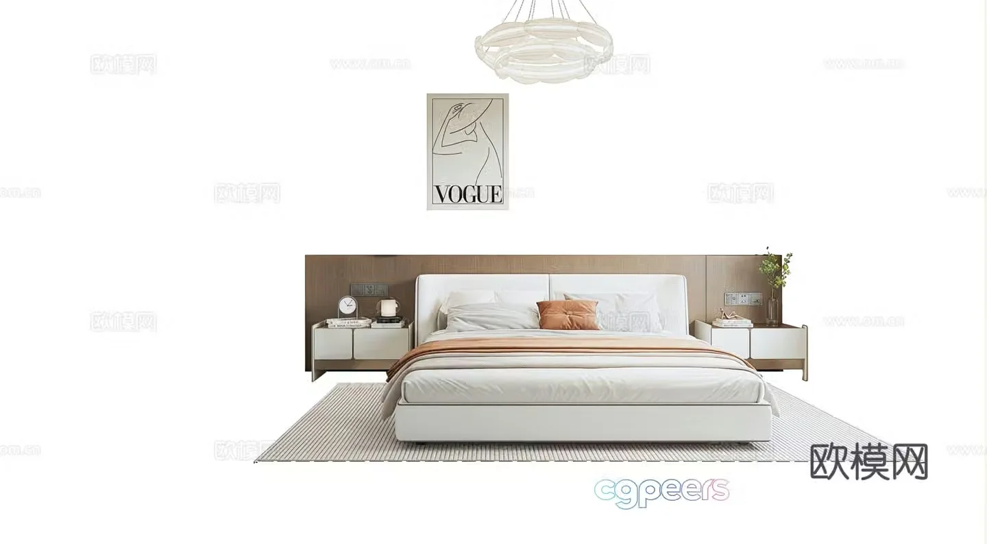 Modern double bed chandelier bedside table decorative painting 3d model