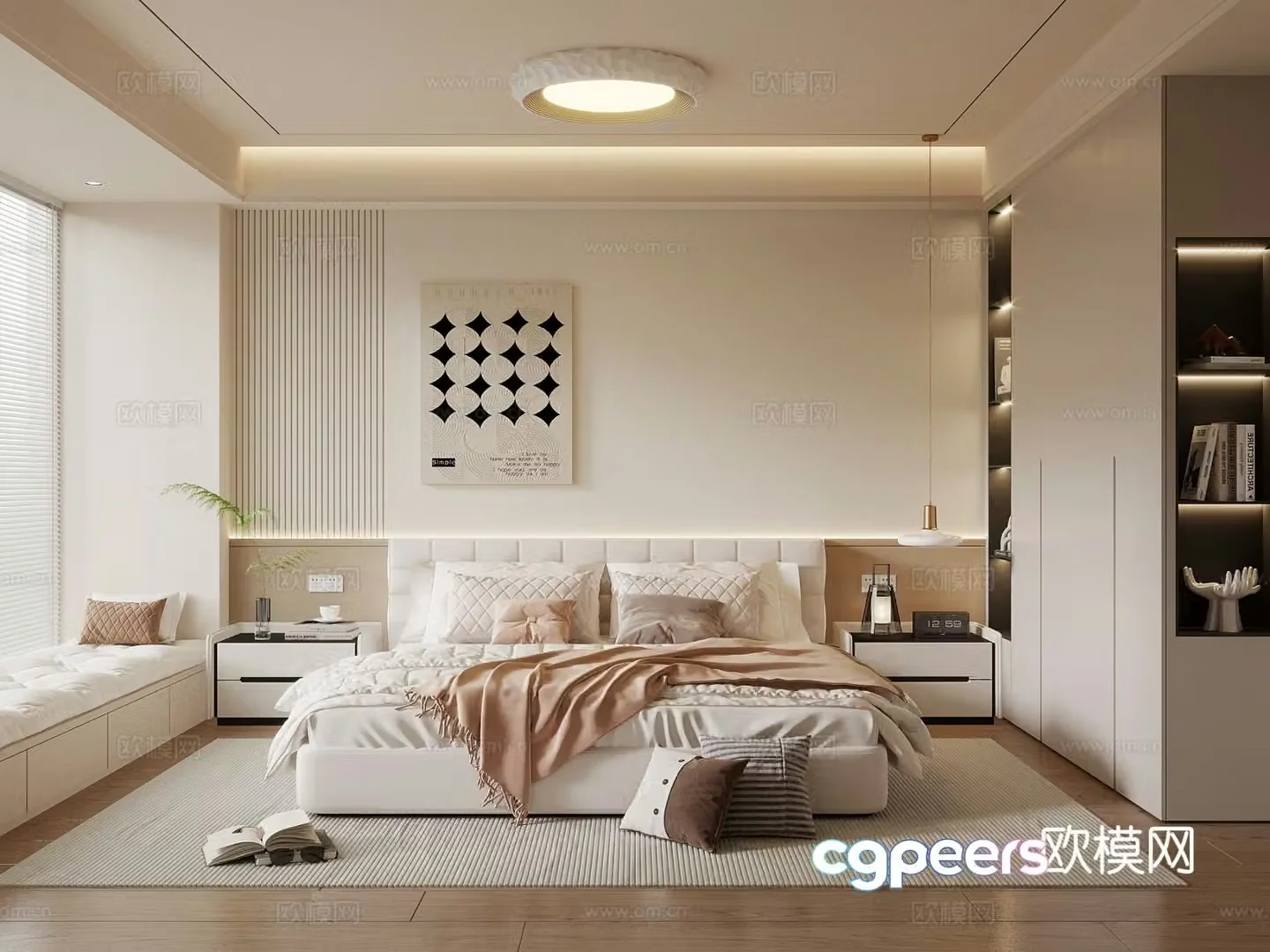 Creamy Bedroom Modern Bedroom Double Bed Wardrobe Bedside Table 3D Model