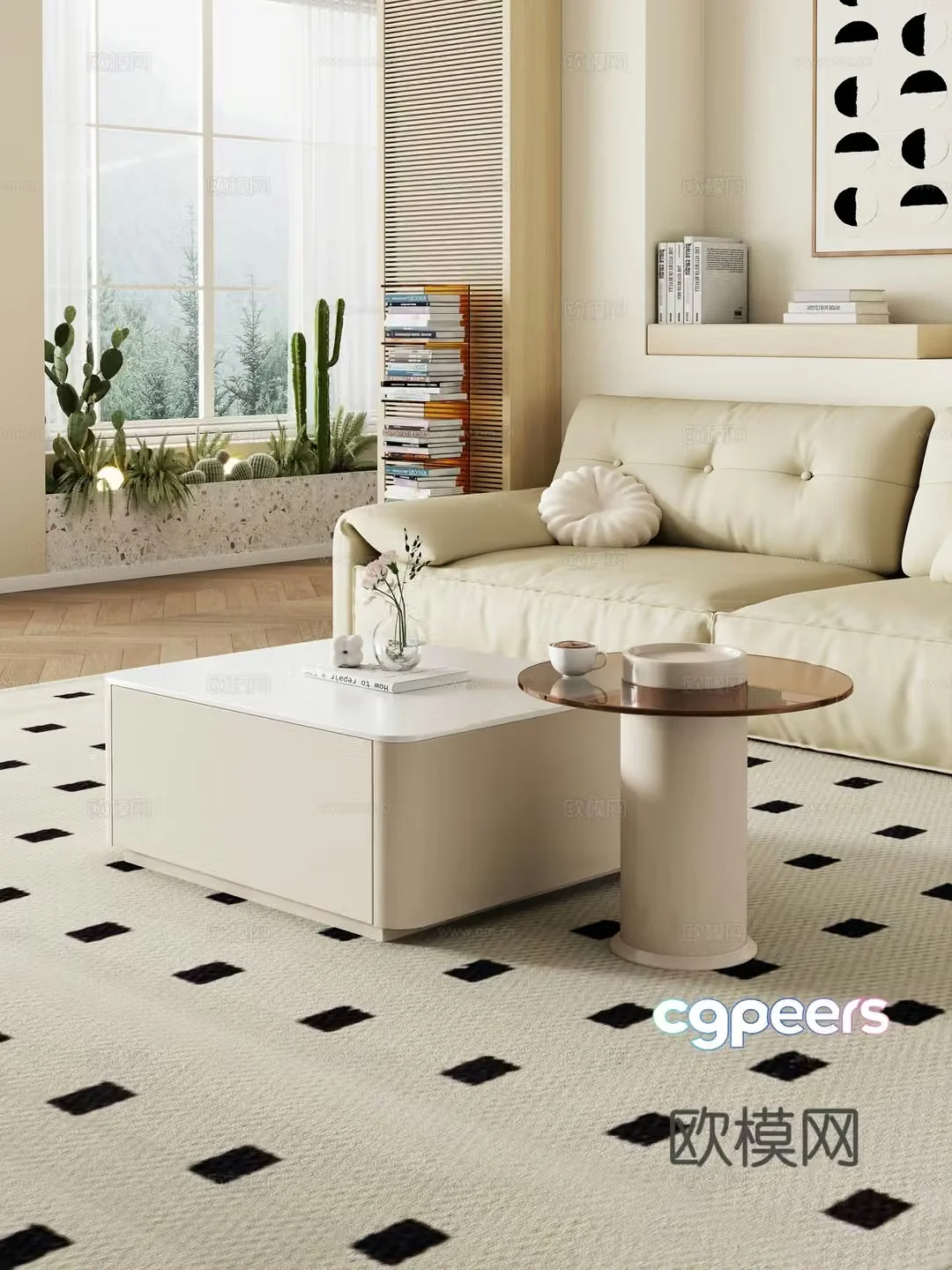 Creamy living room mother-child coffee table sofa coffee table combination decoration 3d model