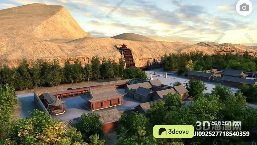 A 3D Rendering Of A Village With A Mountain In The Background