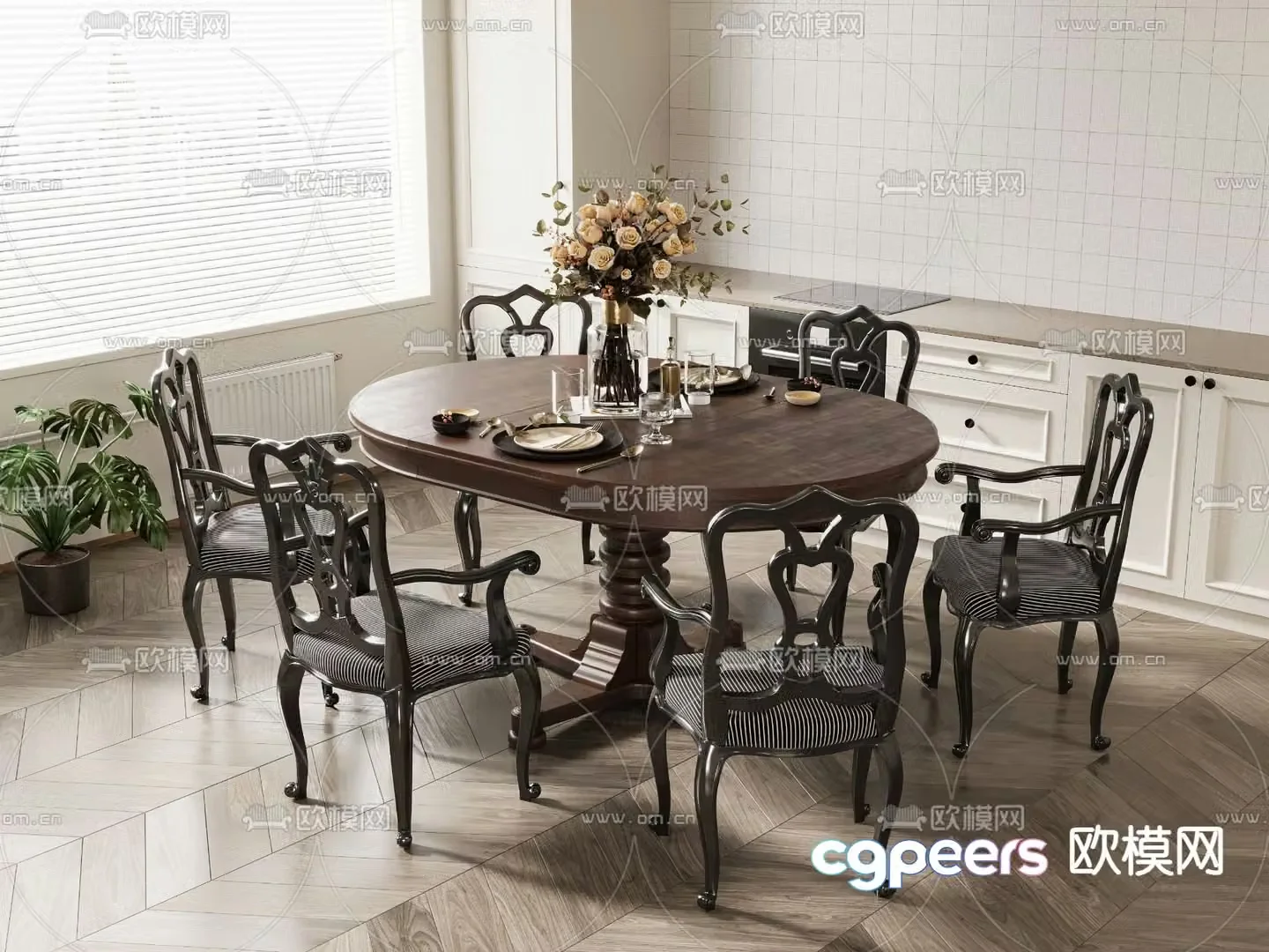 French dining table and chairs round dining table 3d model