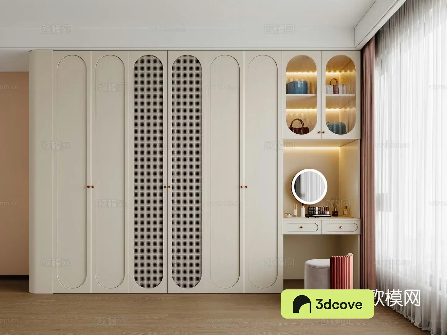 Modern cream wardrobe Master bedroom wardrobe Glass wardrobe Dressing table integrated cabinet