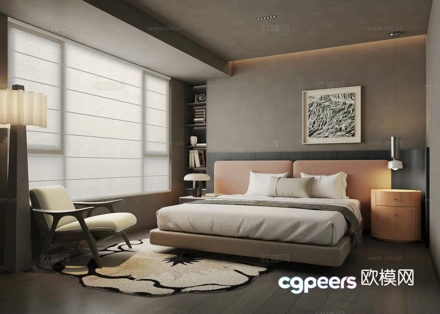 Modern minimalist bedroom double bed bedside table bed backrest chandeliers carpet jewelry ornaments 3D model