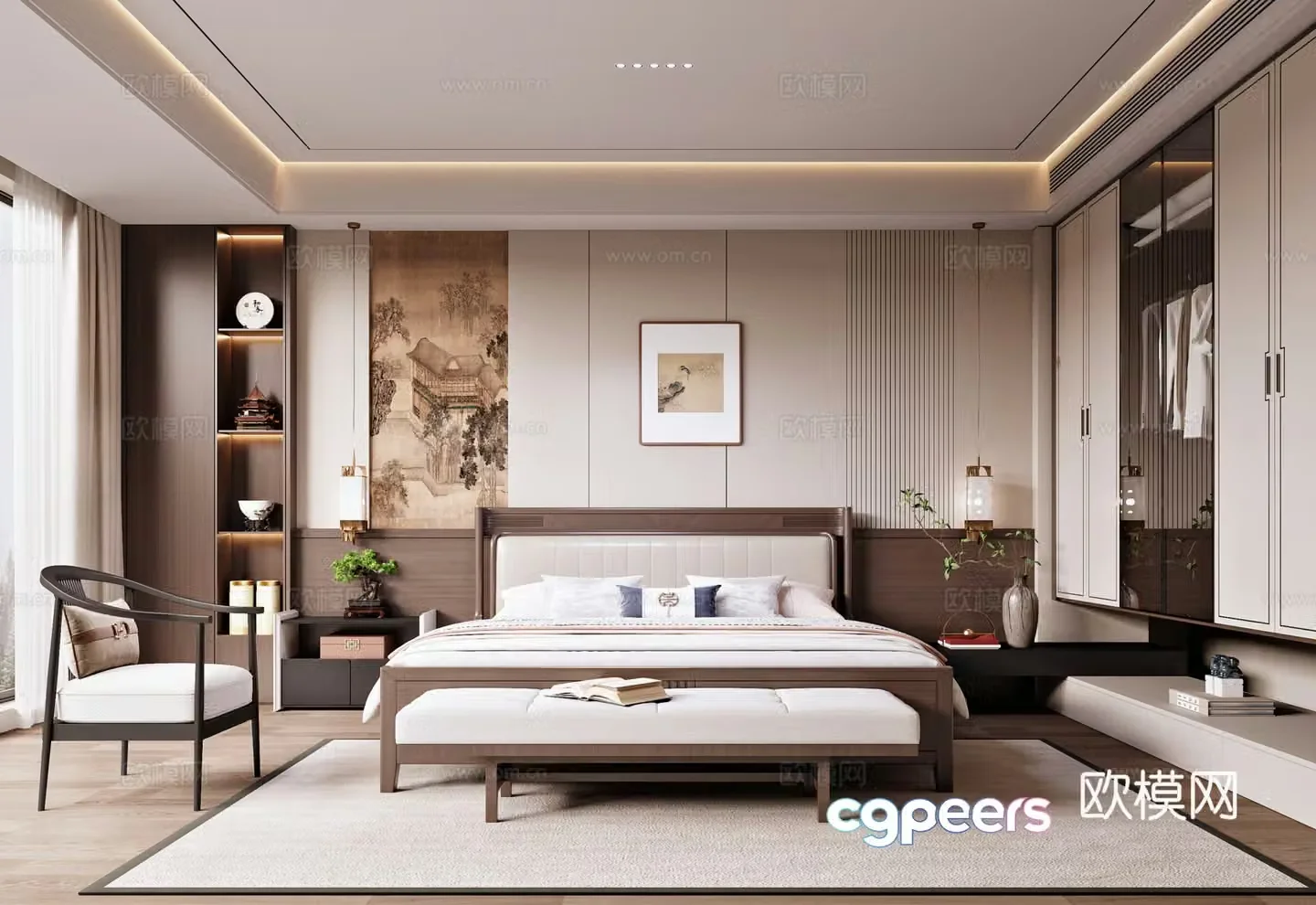 New Chinese style bedroom bedside background wall decorative painting wardrobe double bed bedside table single sand 3d model
