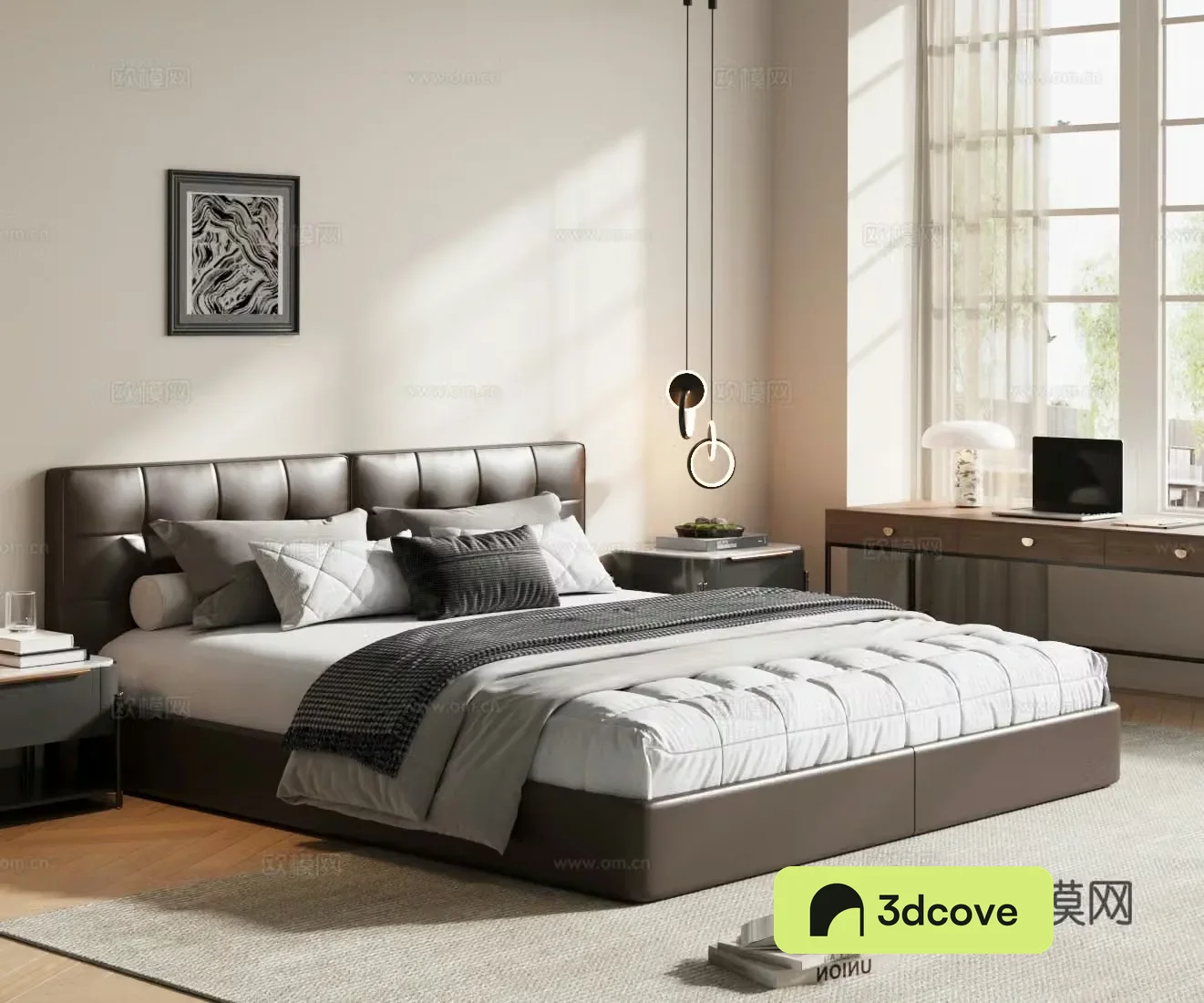 Middle-aged double bed Brown leather bed Leather bed Black bed Middle-aged master bedroom Bedroom bed 3D model