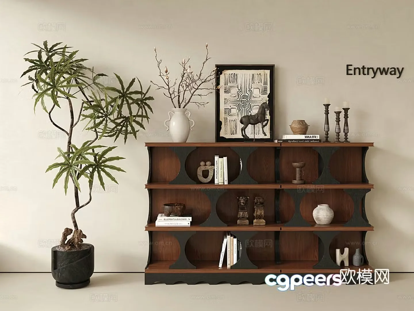 Middle-aged bookcase decorative cabinet floor-standing low cabinet storage cabinet potted plants 3D model