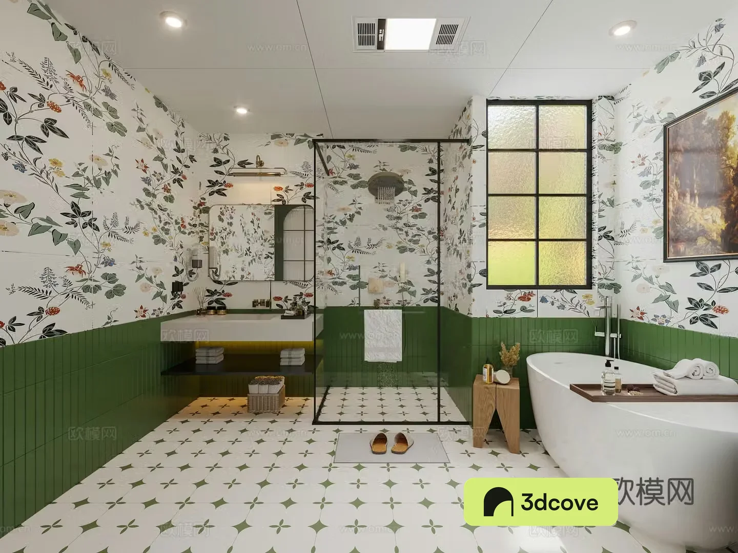 French bathroom French creamy bathroom bathtub side French floral tiles air heater