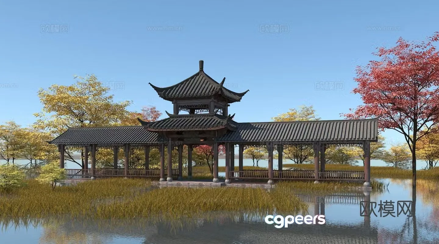Chinese style corridor corridor pavilion corridor 3D model