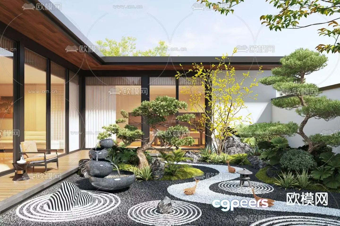 New Chinese style courtyard landscape villa courtyard 3D model