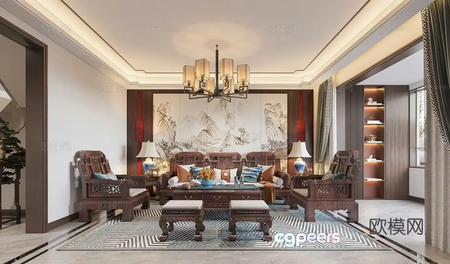 Chinese living and dining room 3D model