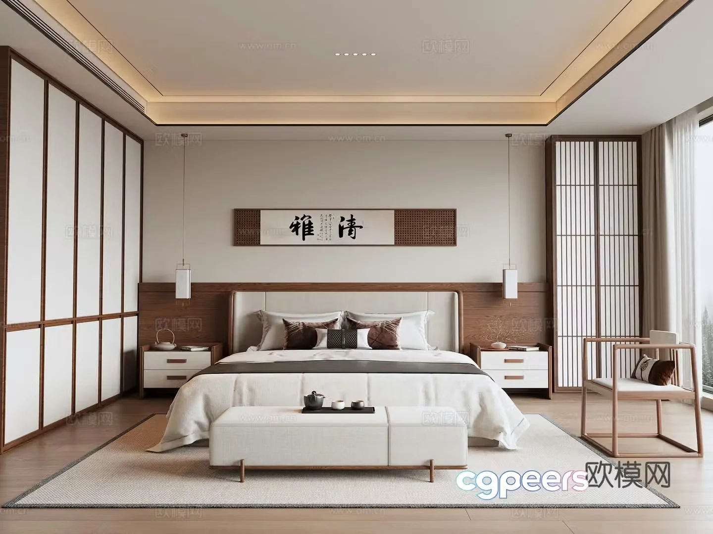 New Chinese style old-fashioned bedroom wardrobe bed painting leisure chair bed tail stool bedside table 3D model