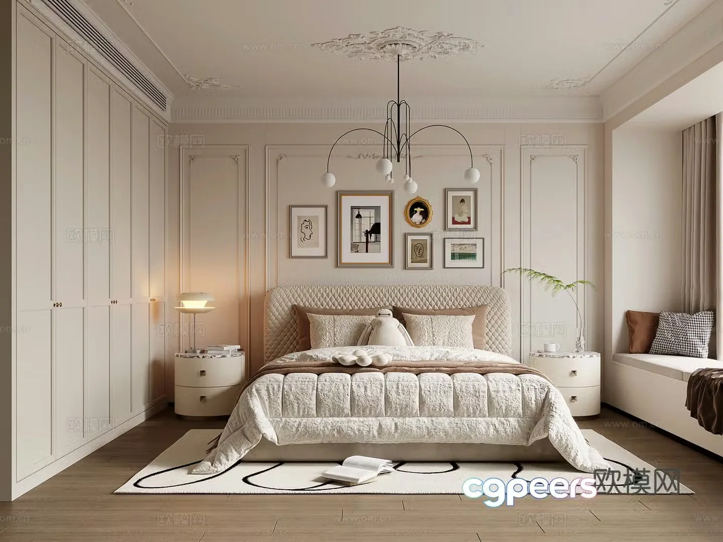 Home bedroom French retro style bedroom Double bed nightstand wardrobe 3d model