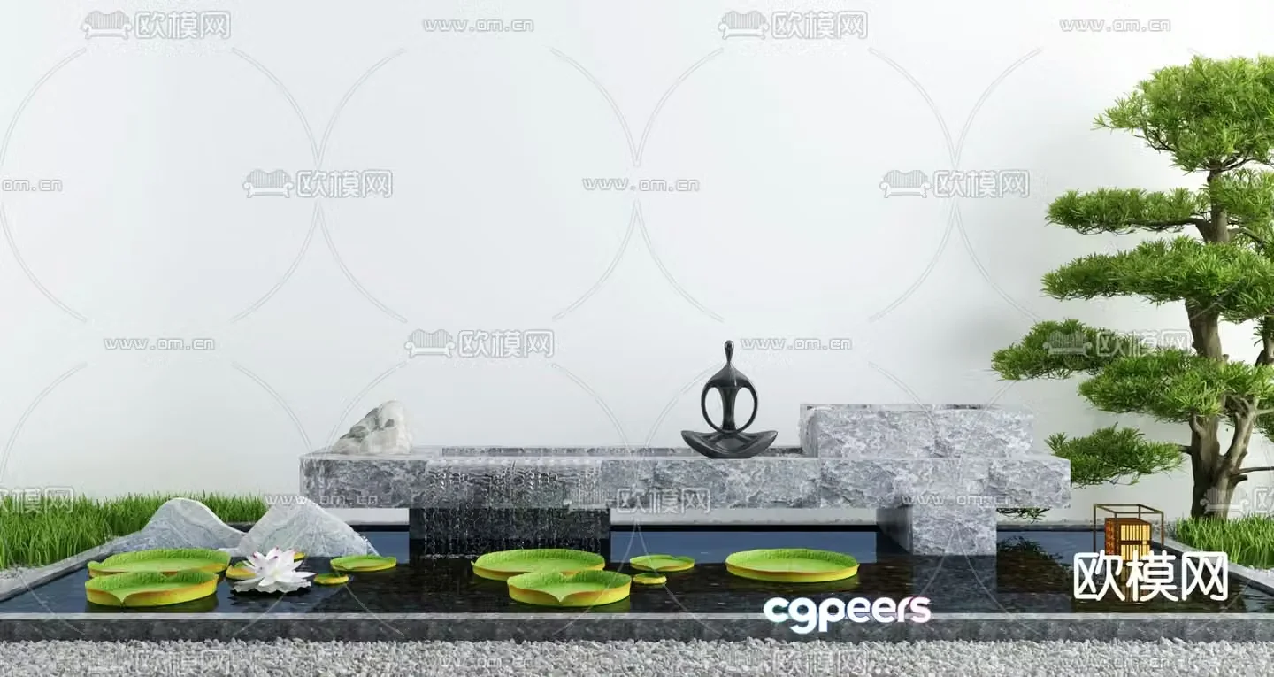 Waterscape sketch lotus pond flowing water waterfall 3D model