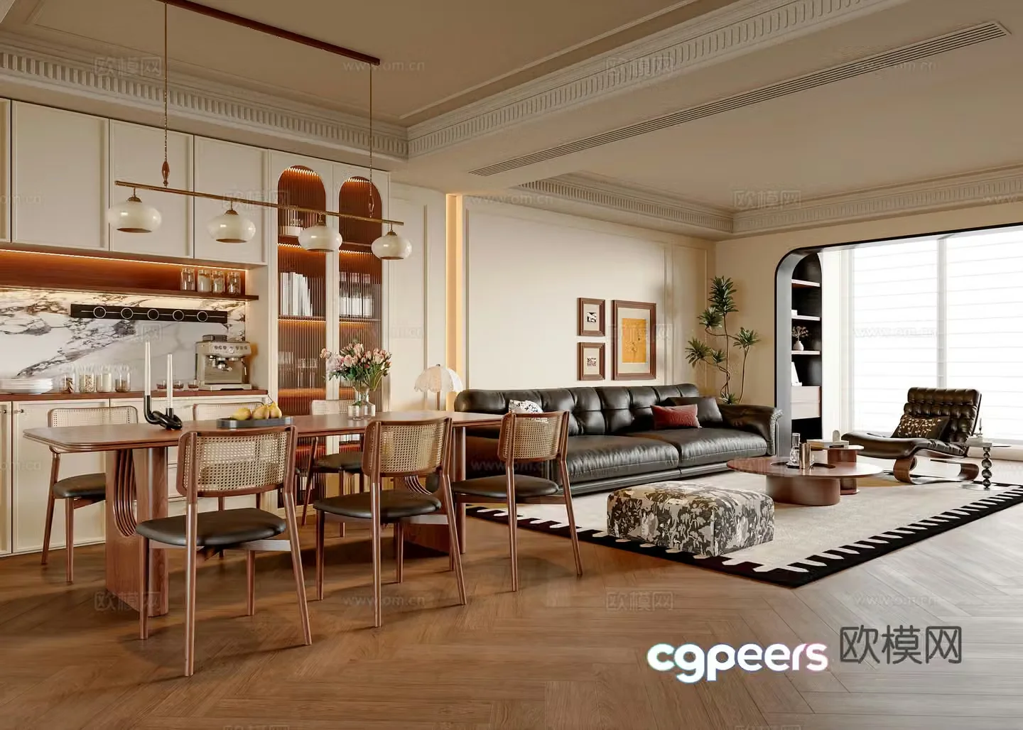 French medieval style dining room dining table and chair combination dining sideboard sofa tea table combination leisure chair 3D model