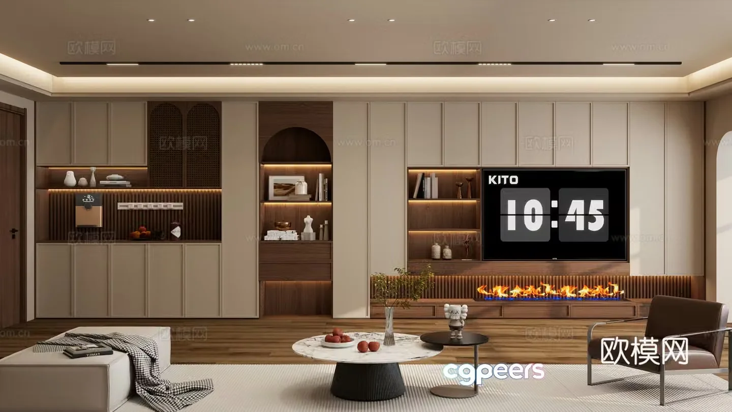 Middle style Cream style Skeleton line Flame fireplace Inlaid TV Full Wall Cabinet TV Wall 3D Model