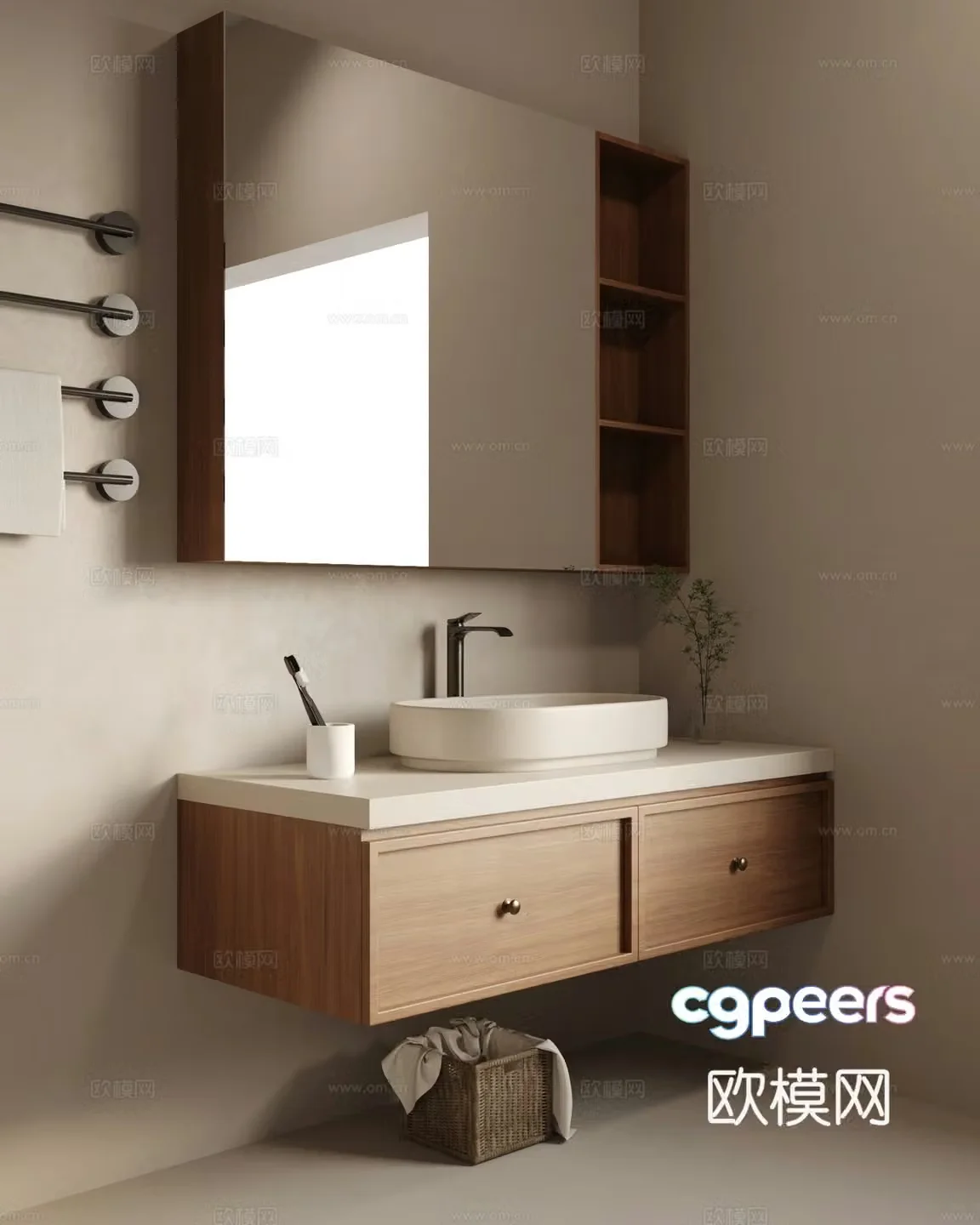 Middle-aged bathroom cabinet towel rack storage basket 3D model