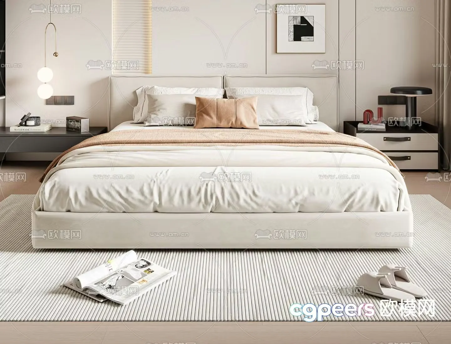 Cream style double bed 3d model