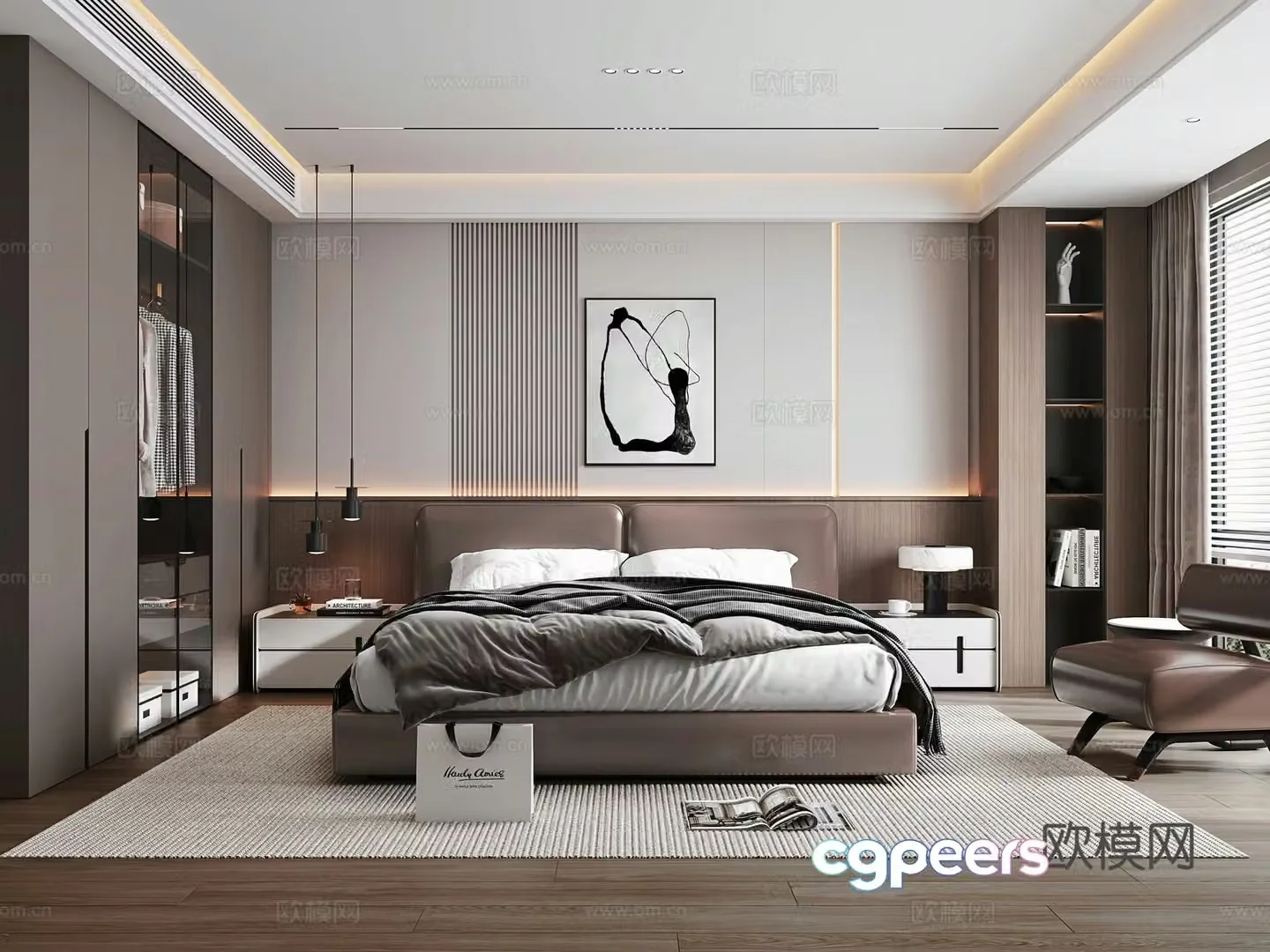 Italian light luxury bedroom leather double bed bedside table wardrobe bedside chandeliers leisure chair 3D model