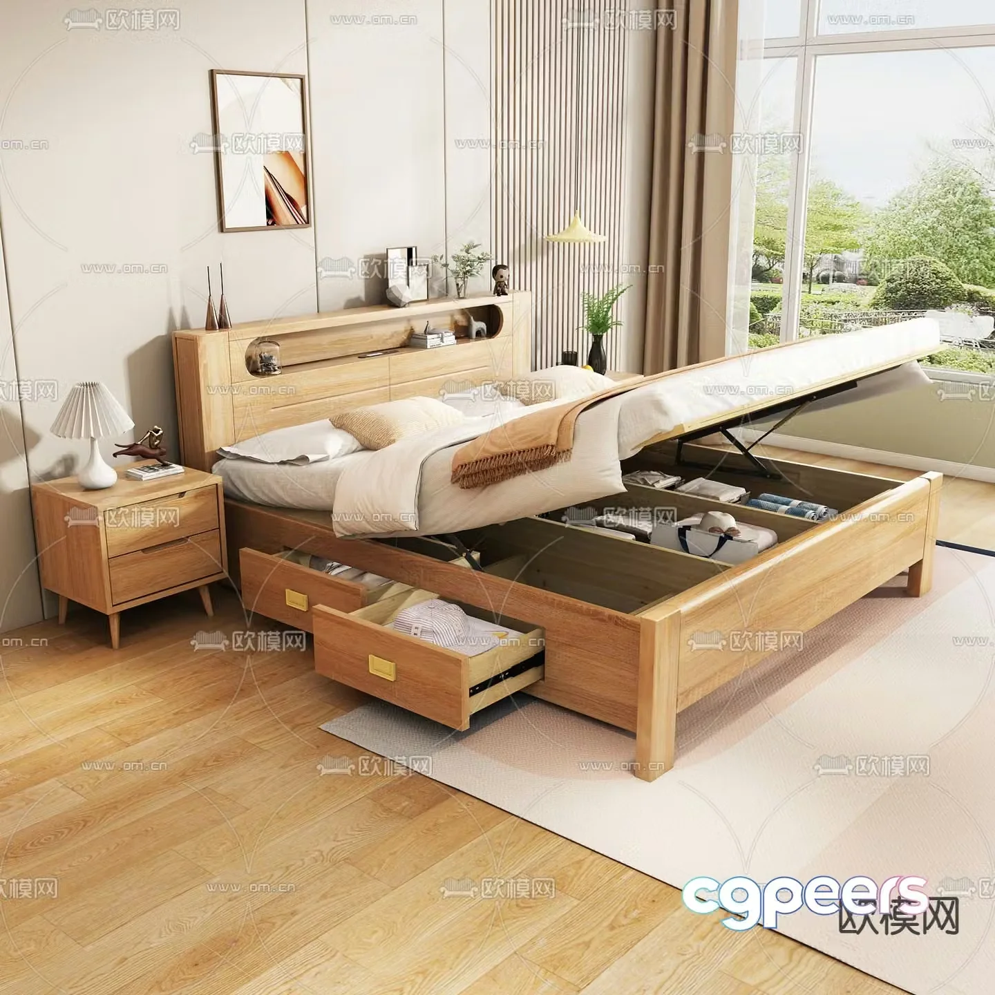 Nordic bed solid wood bed 3d model