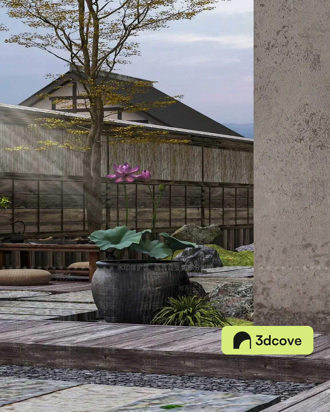 A Japanese-Style Garden With A Wooden Deck