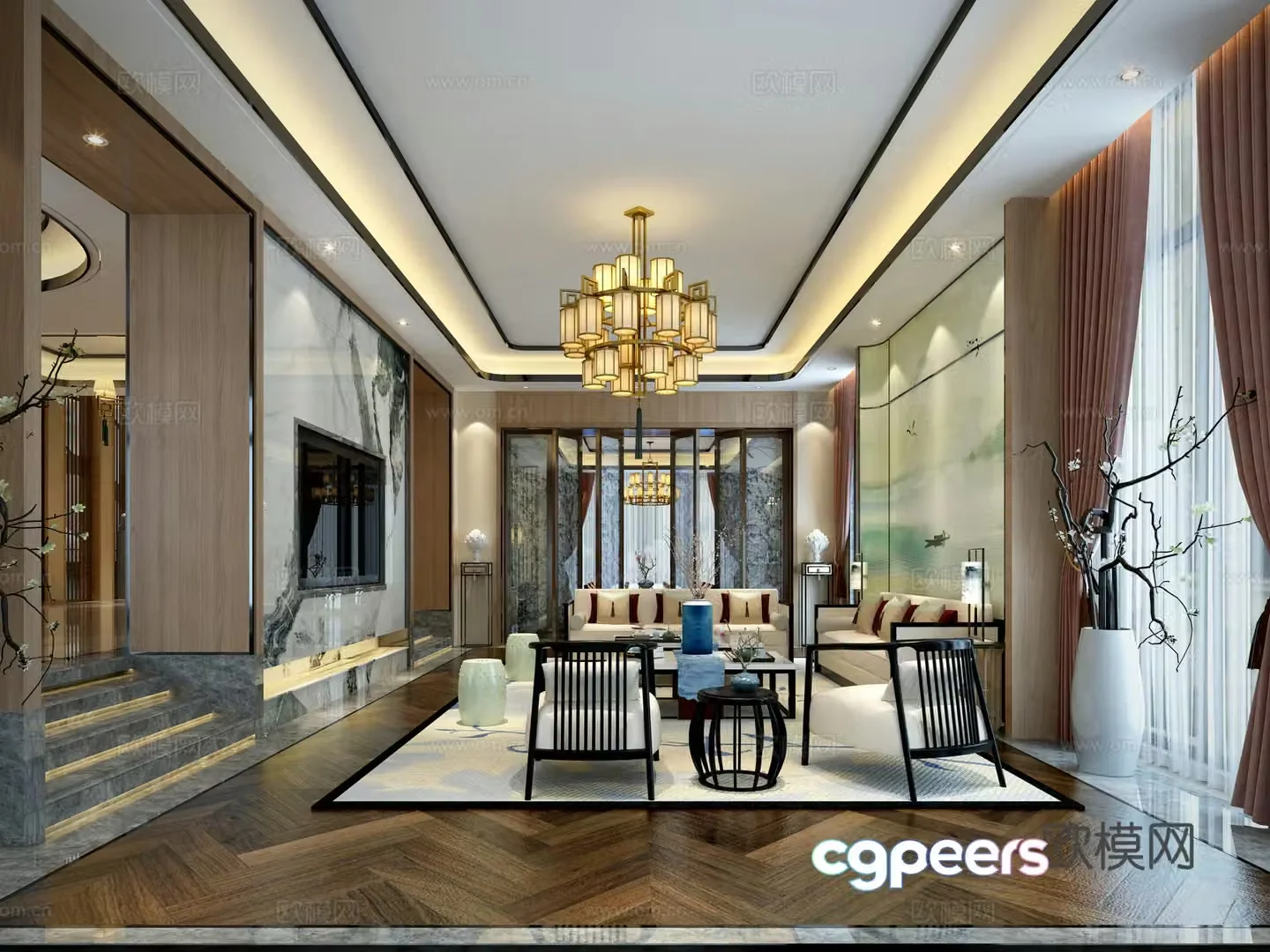 New Chinese style living room sofa coffee table carpet chandeliers ornaments TV cabinet TV 3D model