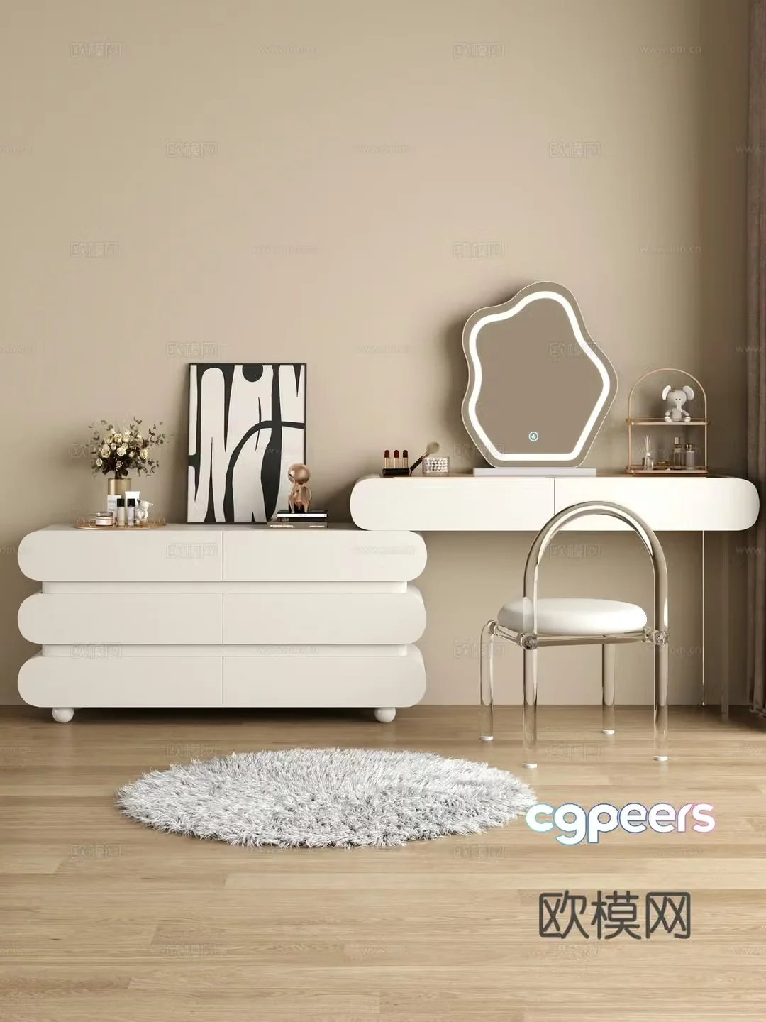 Cream style dressing table makeup stool combination dressing table makeup stool mirror decoration hanging painting 3D model