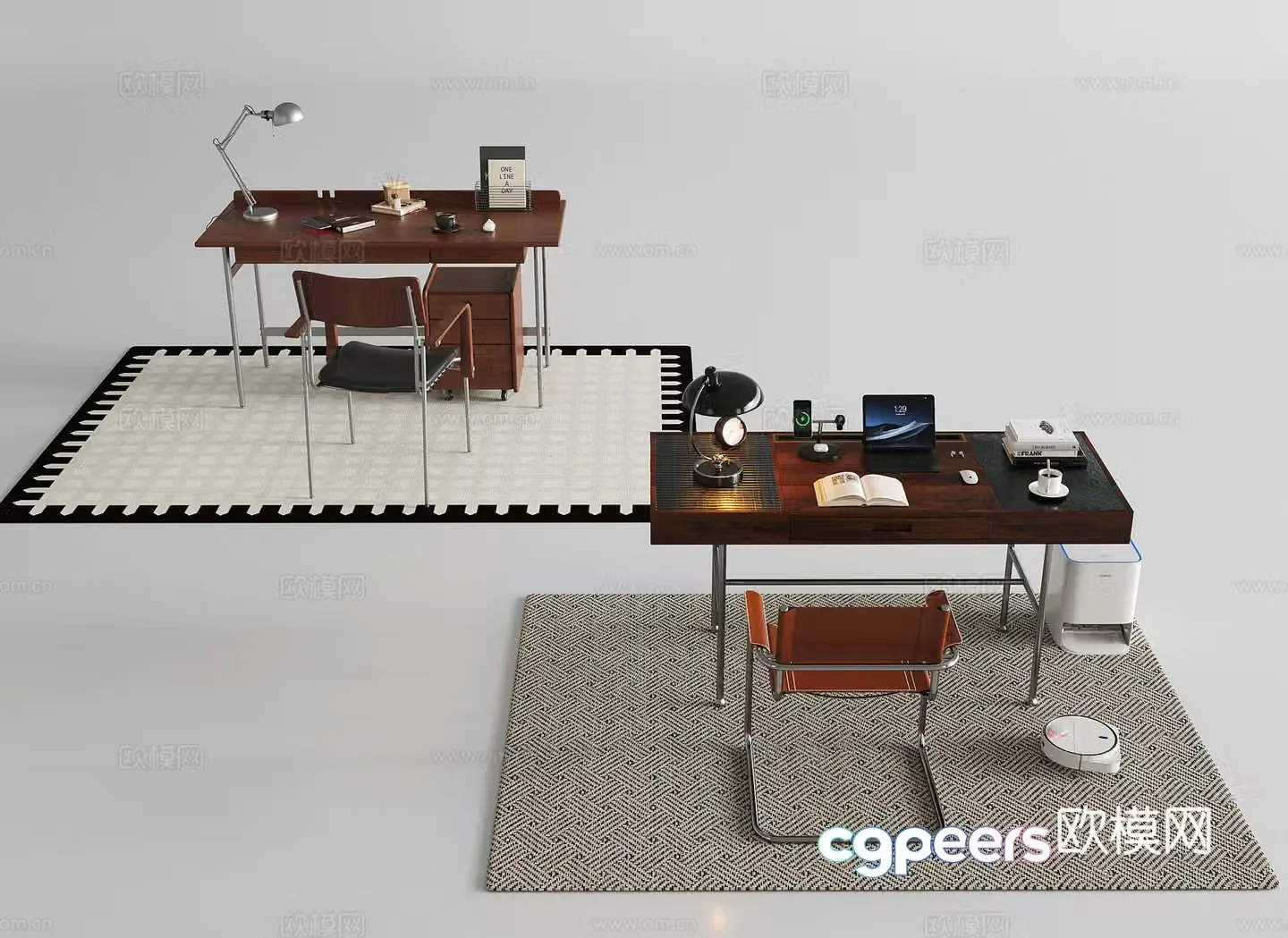 Modern study table combination study chair single chair jewelry ornaments study table desk desk lamp 3d model