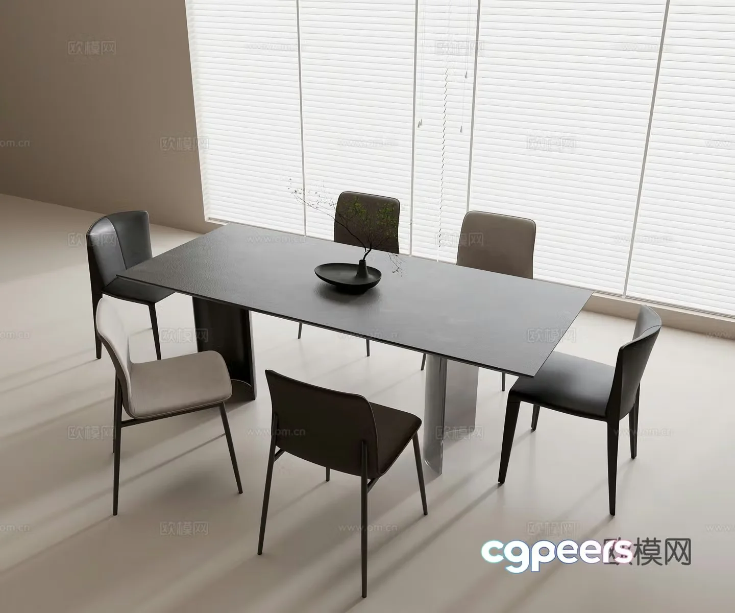 Modern dining table and chair combination solid wood dining table leather dining chair acrylic table base vase green plant 3D model