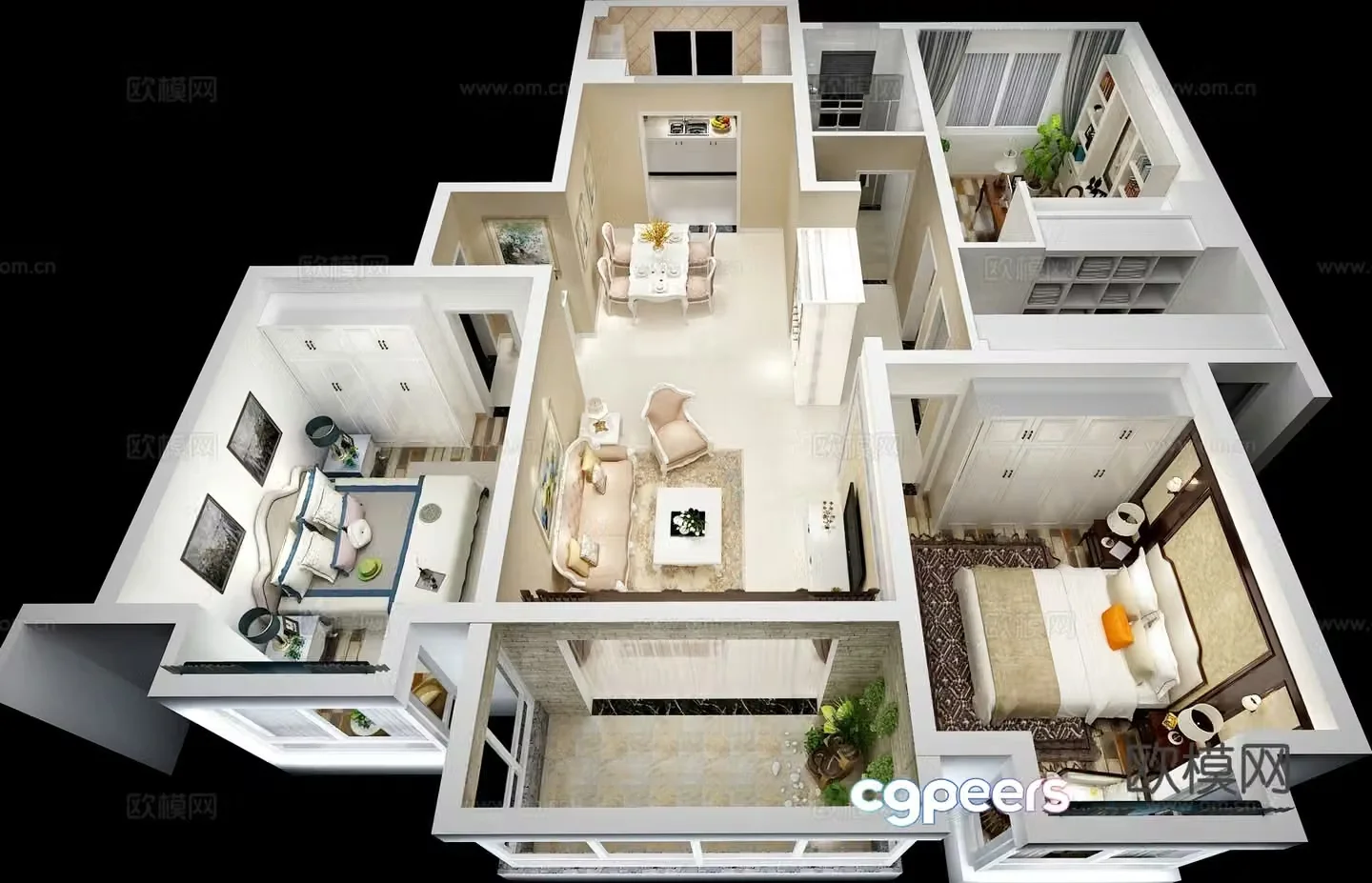 American three-bedroom apartment aerial view 3d model