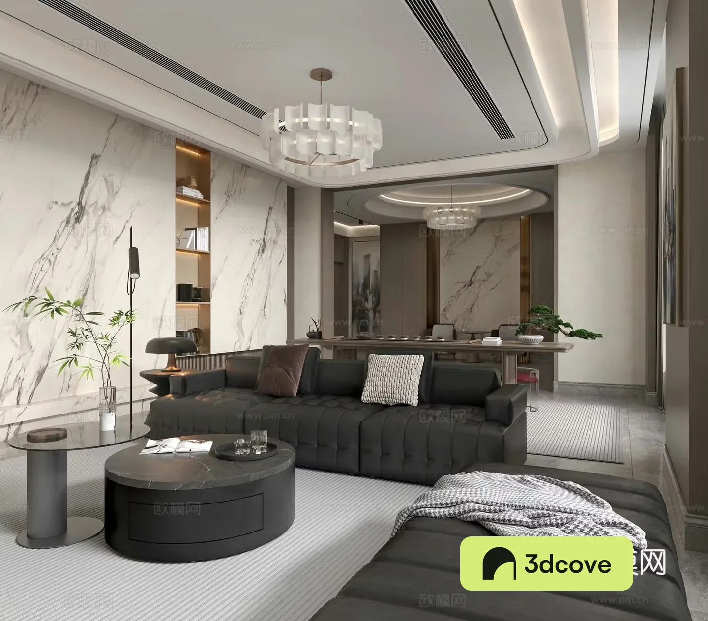 Modern living room Villa living room Black leather sofa Chandelier