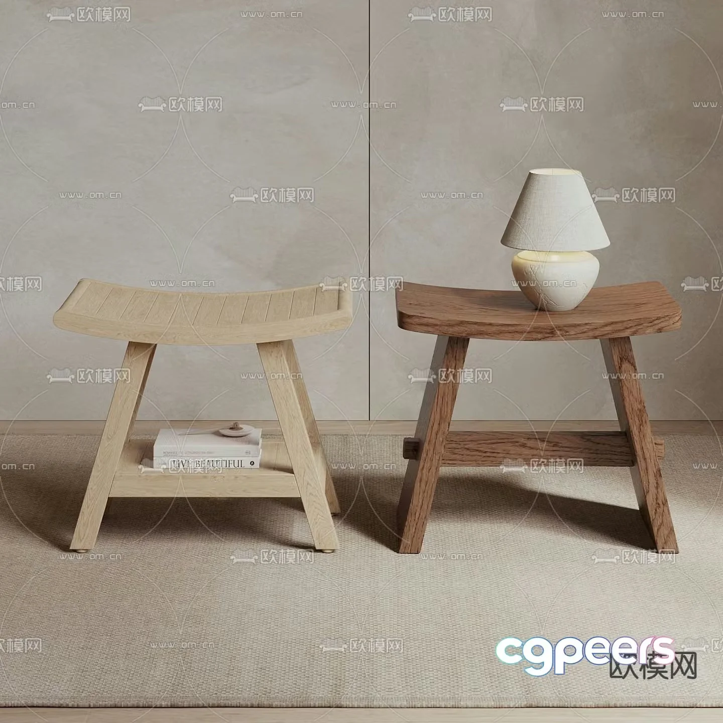 Wabi-sabi stool low stool wooden stool shoe changing stool 3D model