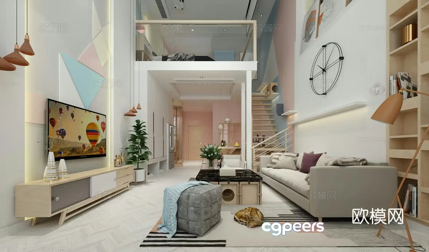 Nordic living room single cat theme apartment 3d model