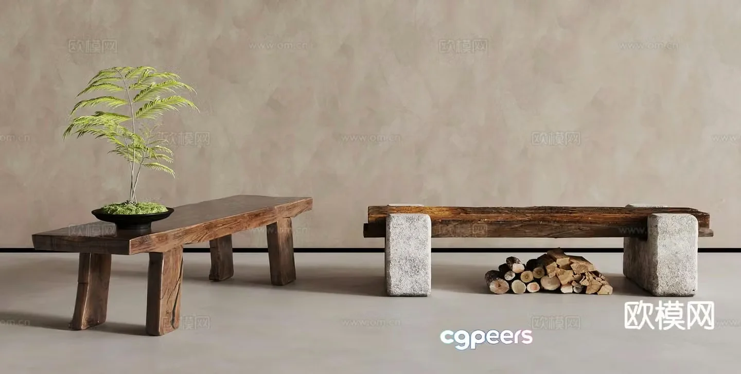 Wabi-sabi style stool rough stone bench 3D model