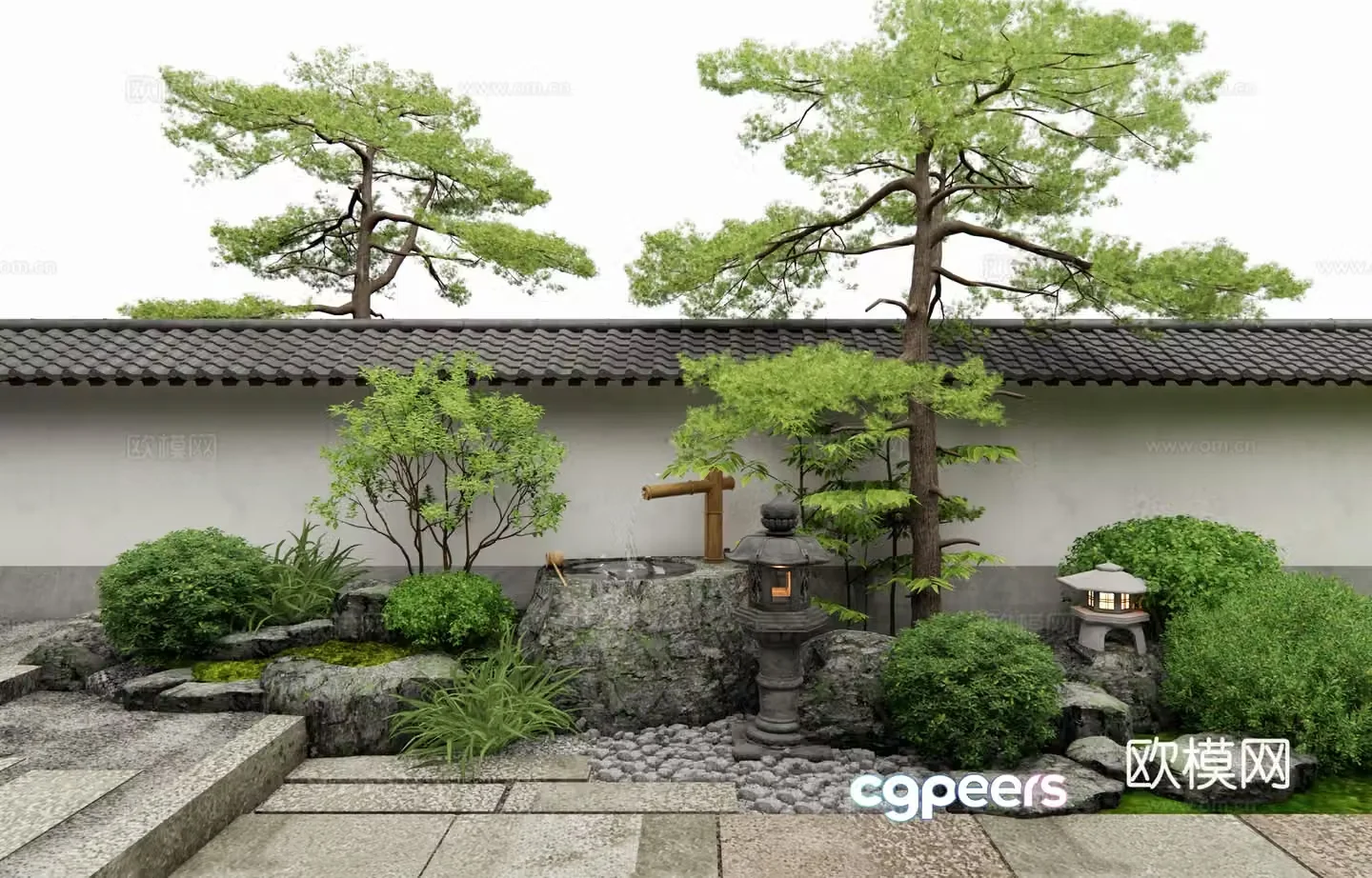 Japanese style courtyard landscape water bowl water view stone mortar landscape stone bluestone slab shrub ball 3d model