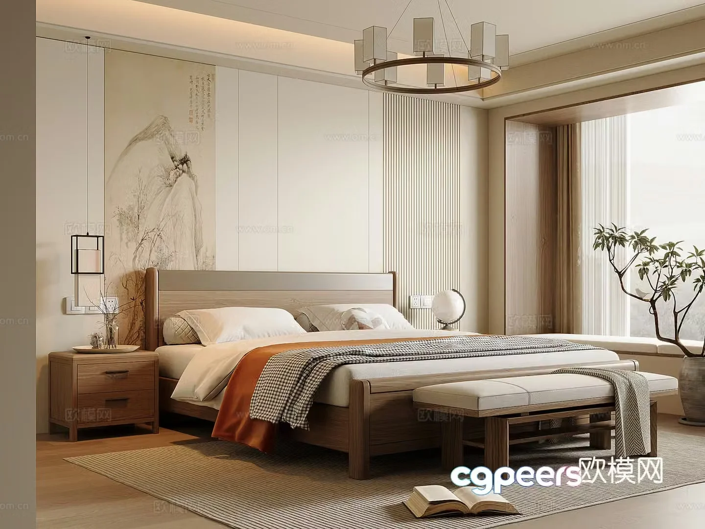 New Chinese style bedroom Song style solid wood double bed bed nightstand bed end stool Chinese style chandelier 3D model