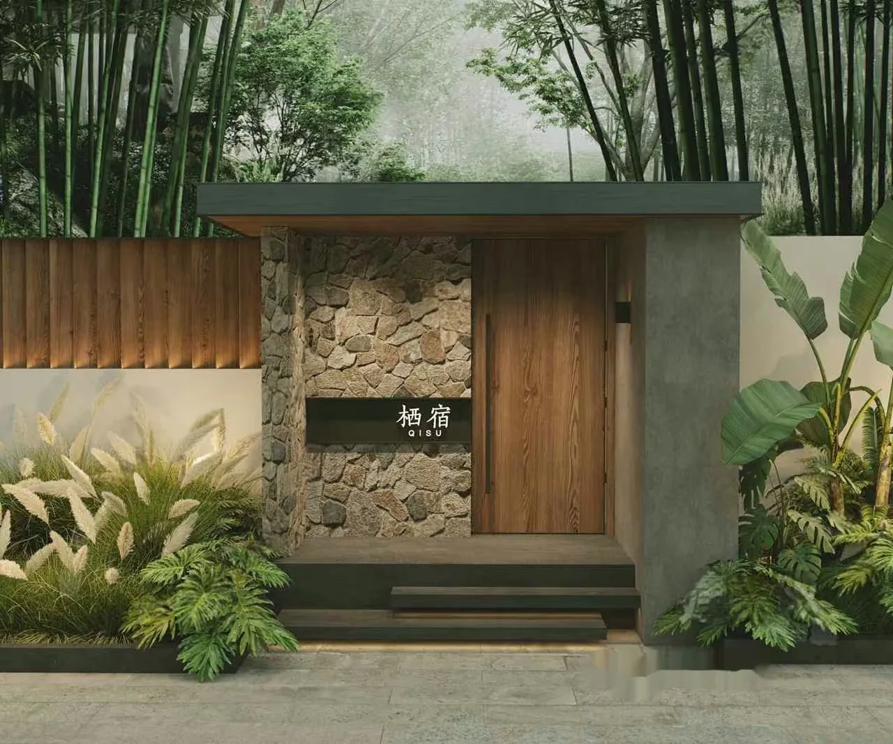 A Wooden Door With A Stone Wall And Plants 3D Model – 3334 – CORONA Render