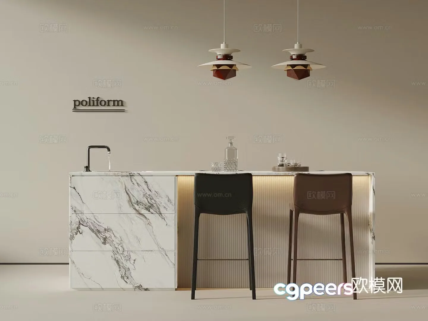 Modern island dining table and chair 3d model