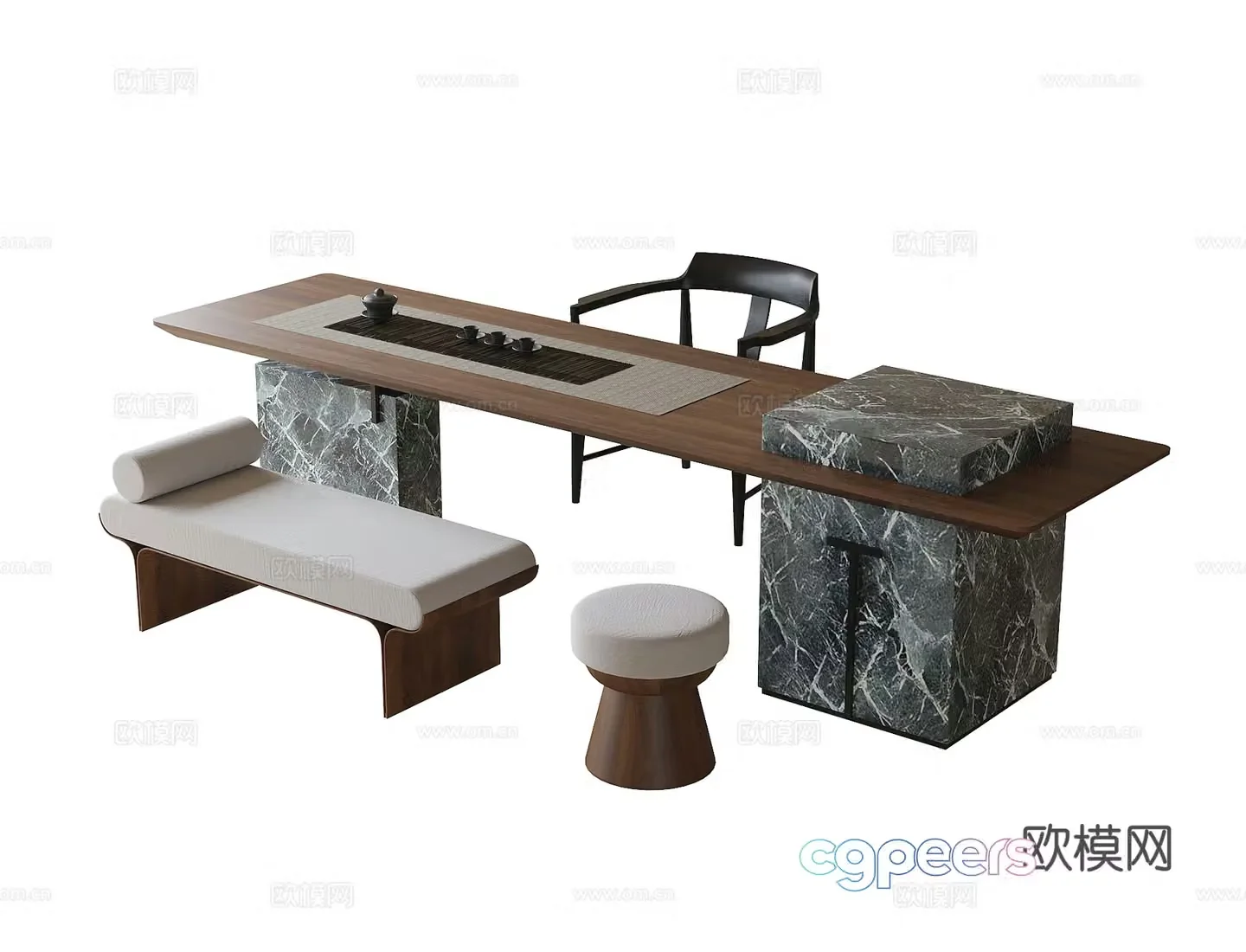 Modern tea table and chair combination tea table stool bench tea set 3d model