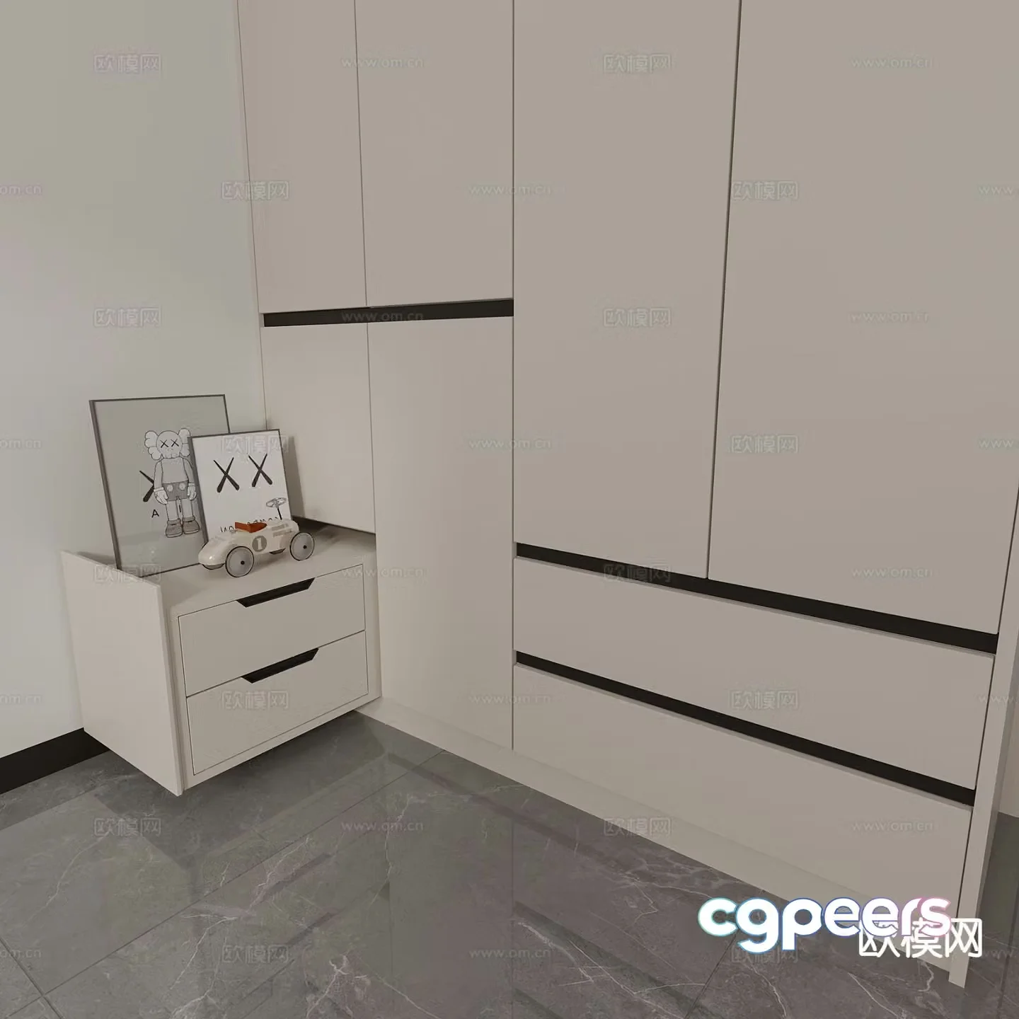 Integrated wardrobe retractable bedside table 3d model