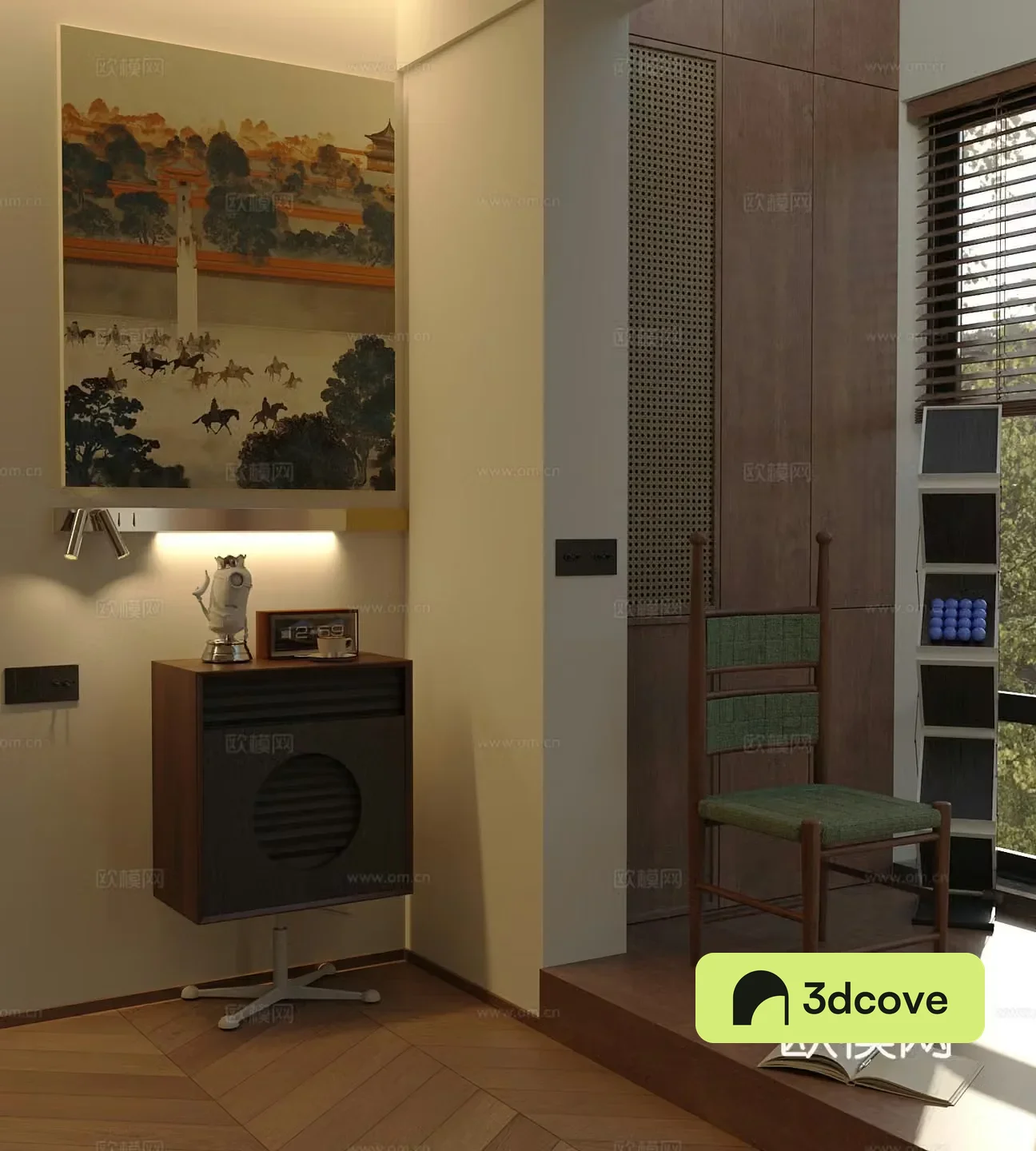 Middle-aged side cabinet low cabinet decorative cabinet single chair hanging painting curtain switch 3d model