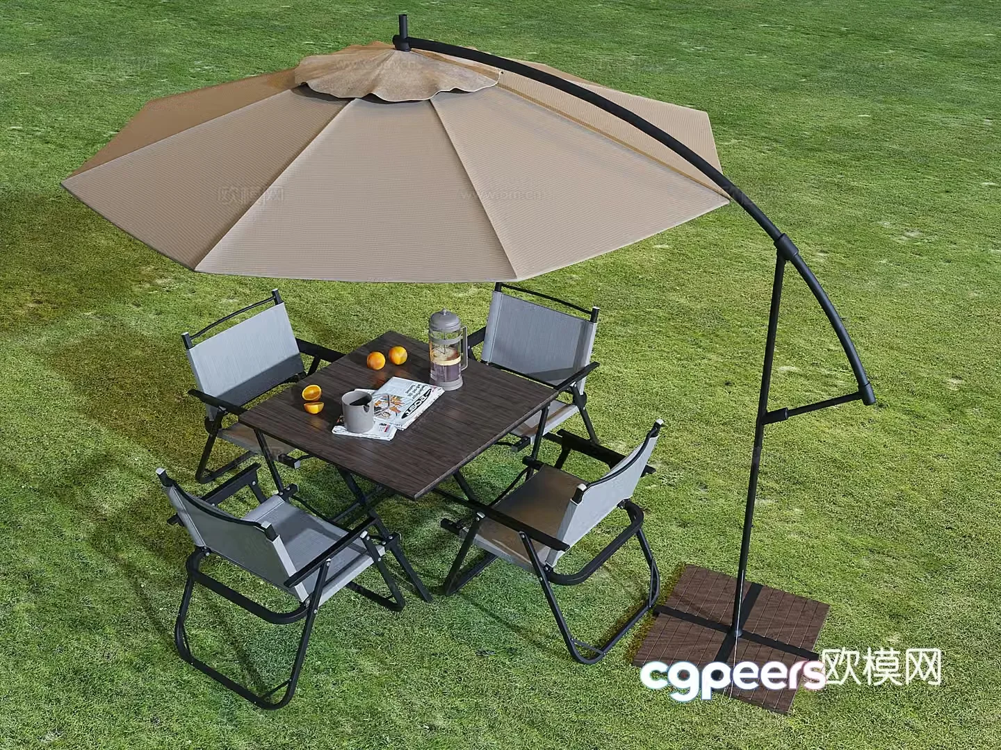 Outdoor sunshade parasols tables and chairs outside cafe leisure tables and folding chairs 3D model